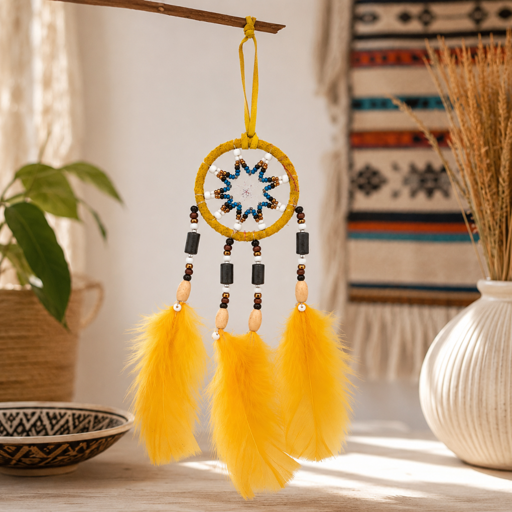Handmade Colombian Dreamcatcher | Evil Eye Protection | Boho Wall Hanging | Spiritual Home Decor | Yellow, Blue &amp; Red Feathers