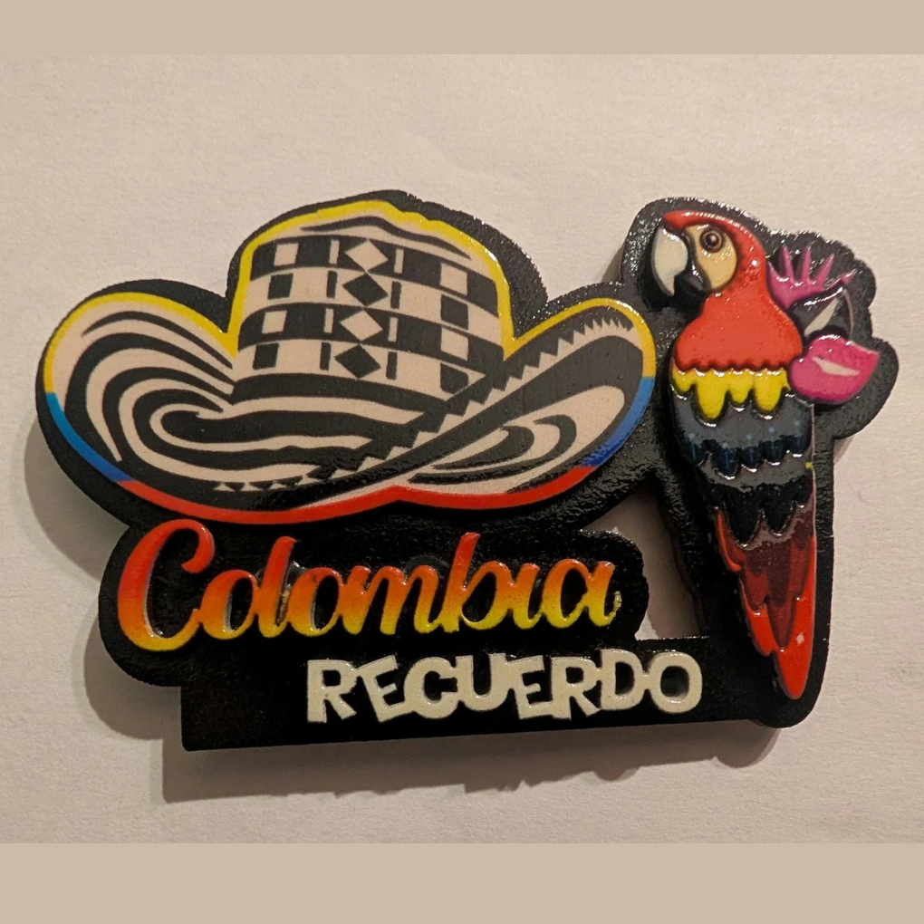 Colombia Souvenir Magnet – MDF Fridge Magnet with Sombrero Vueltiao and Colorful Parrot