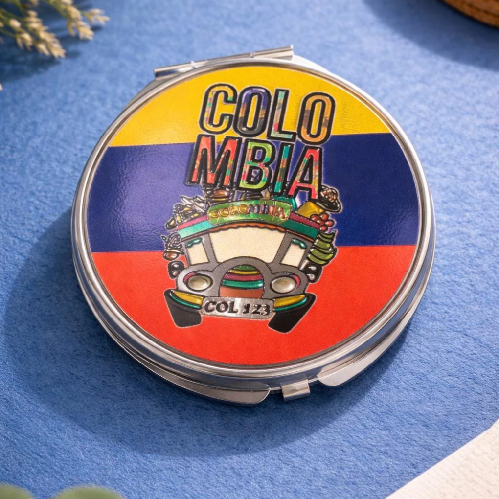 Handcrafted Colombian Makeup Mirror Chiva Truck and Tropical Bird Beauty Accessory