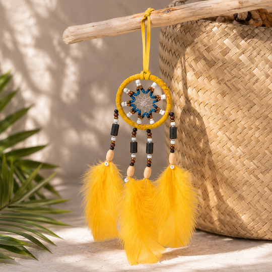 Handmade Colombian Dreamcatcher | Evil Eye Protection | Boho Wall Hanging | Spiritual Home Decor | Yellow, Blue &amp; Red Feathers