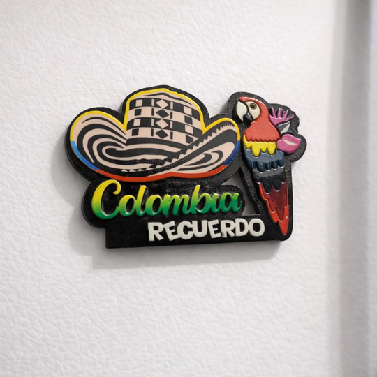 Colombia Souvenir Magnet – MDF Fridge Magnet with Sombrero Vueltiao and Colorful Parrot
