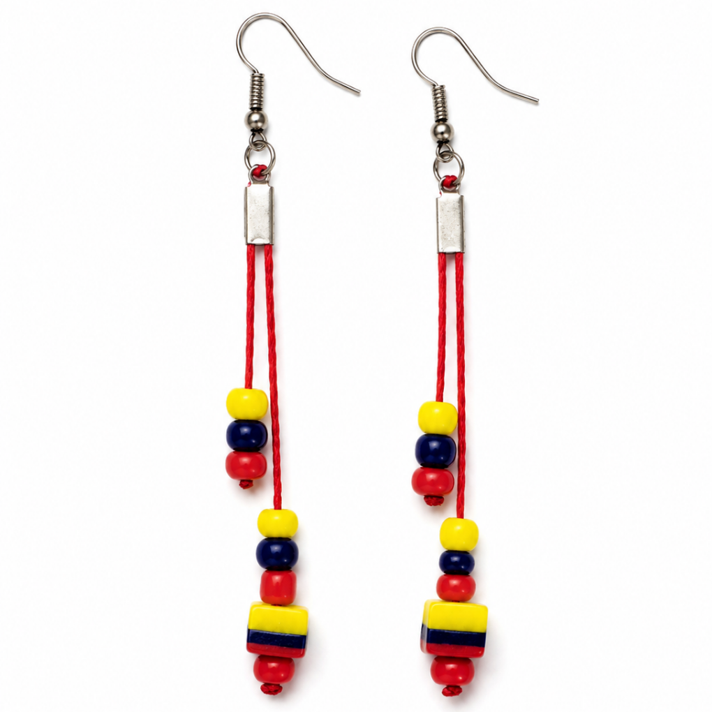 Colombian flag beaded long dangle earrings in yellow, blue and red