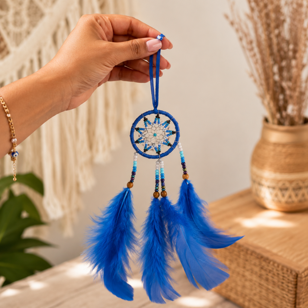 Handmade Colombian Dreamcatcher | Evil Eye Protection | Boho Wall Hanging | Spiritual Home Decor | Yellow, Blue &amp; Red Feathers