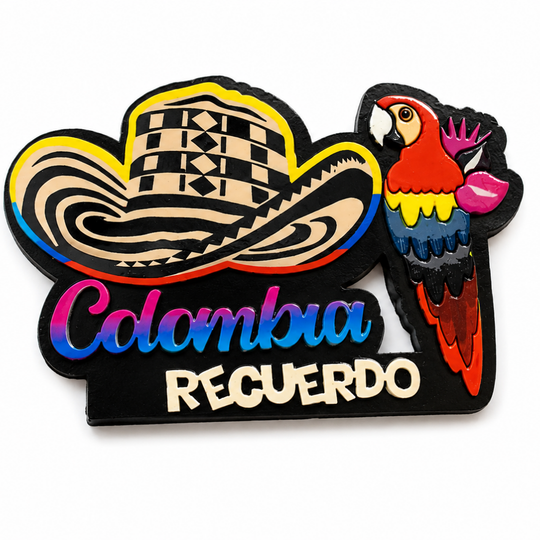 Colombia Souvenir Magnet – MDF Fridge Magnet with Sombrero Vueltiao and Colorful Parrot