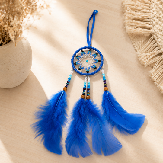 Handmade Colombian Dreamcatcher | Evil Eye Protection | Boho Wall Hanging | Spiritual Home Decor | Yellow, Blue &amp; Red Feathers