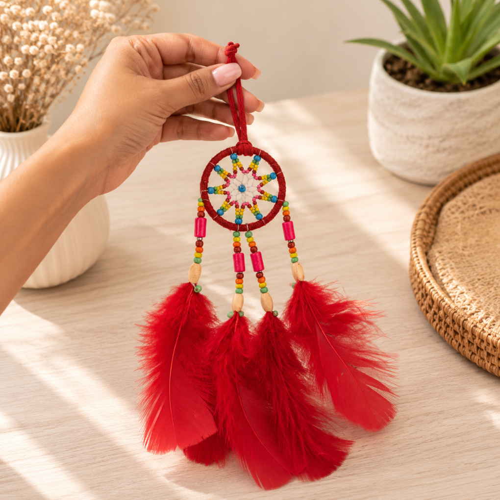 Handmade Colombian Dreamcatcher | Evil Eye Protection | Boho Wall Hanging | Spiritual Home Decor | Yellow, Blue &amp; Red Feathers