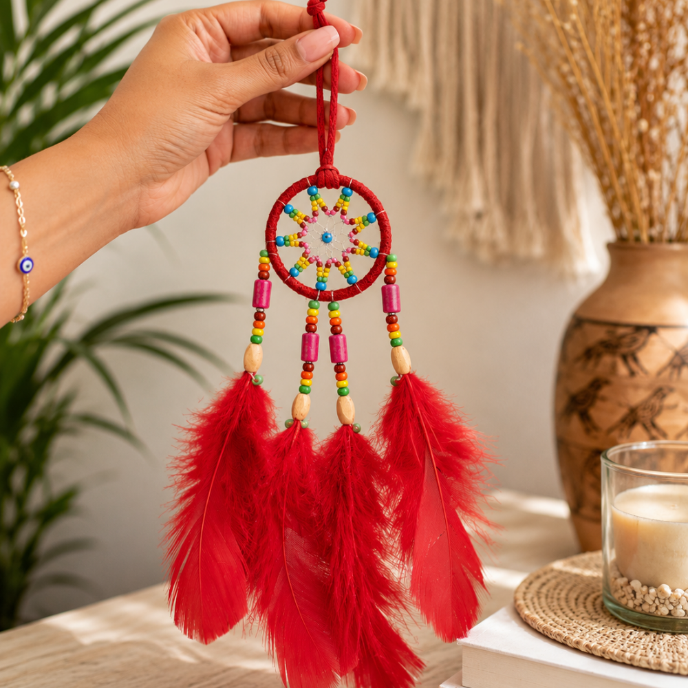 Handmade Colombian Dreamcatcher | Evil Eye Protection | Boho Wall Hanging | Spiritual Home Decor | Yellow, Blue & Red Feathers
