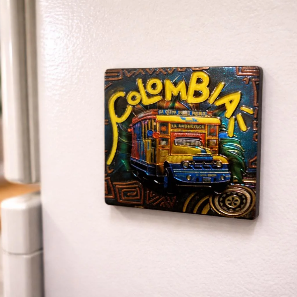 Golden Colombia Map Magnet – Shiny Metallic Souvenir with National Flag Colors