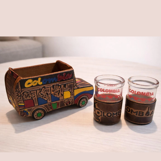 Handmade Colombian Leather Shot Glass Set with Artisan Case