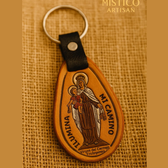 Handmade Leather Catholic Keychain – Religious Gift, Colombian Artisan