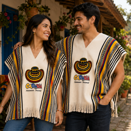 Colombian Paisa Poncho with Sombrero Vueltiao | Handmade Colombian Heritage Ruana | Unisex Traditional Cape