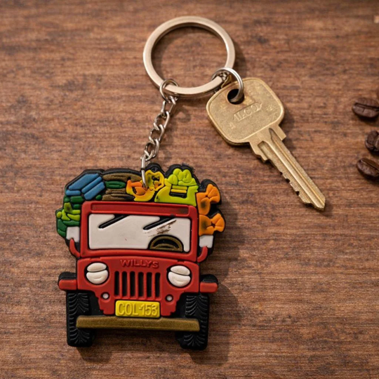Colombian Rubber Keychain Set – Handmade-Style Souvenirs with Chiva, Jeep, Hat &amp; Parrot Designs