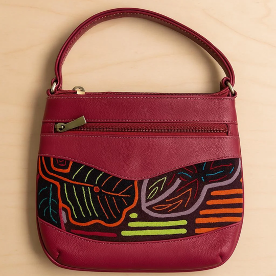 Handmade Mola Leather Crossbody Bag | Colorful Tribal Art Purse