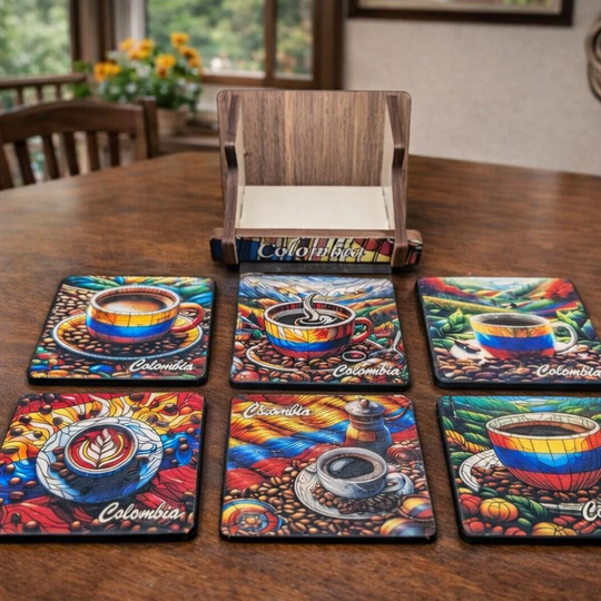 Colorful Colombian Coaster Set with Holder • Tropical Coffee Art • Artisan Wooden Decor