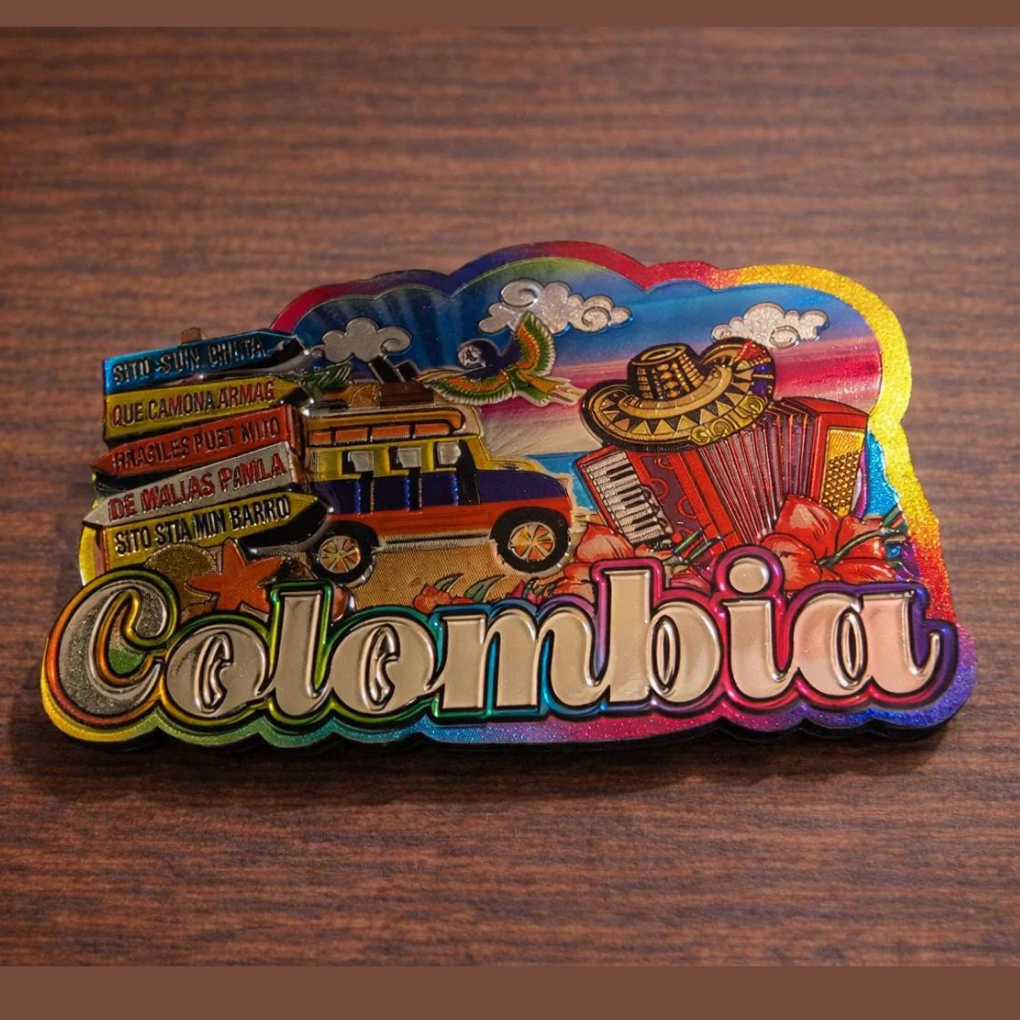 Colombia Holographic Magnet – MDF Fridge Magnet with Chiva, Sombrero Vueltiao &amp; Funny Colombian Sayings