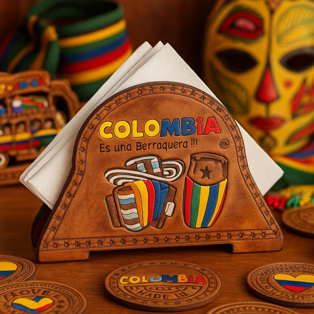 Colombian Leather Coaster Set with Holder | Handmade Decor | Cultural Gift