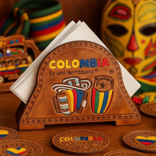 Colombian Leather Coaster Set with Holder | Handmade Decor | Cultural Gift