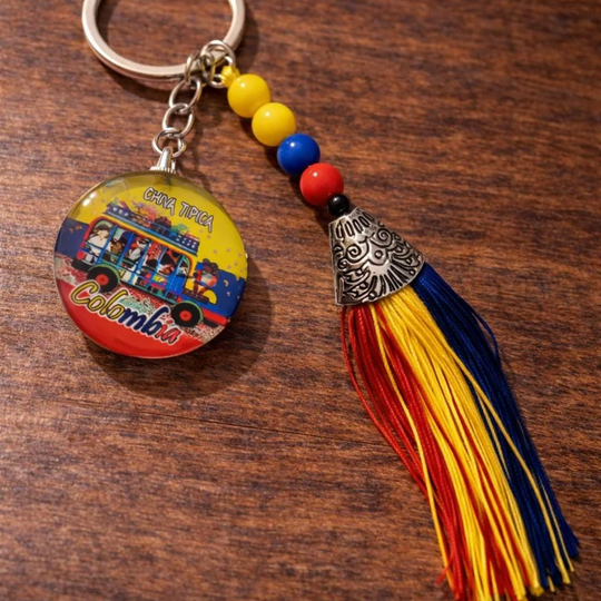 Colombian Flag Tassel Keychain – Handmade Souvenir with Beads &amp; Metal Charm – Chiva or Vallenato Design
