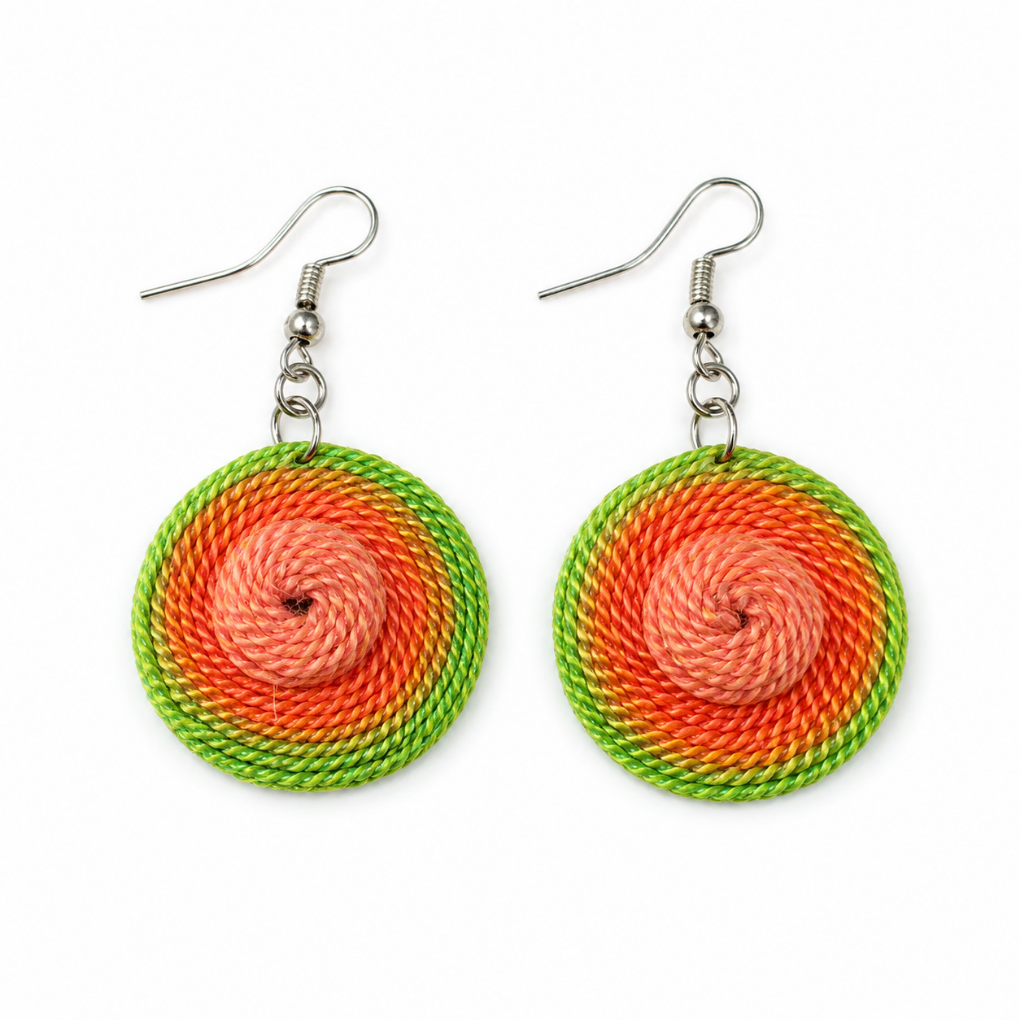 Handmade Colombian colorful round woven dangle earrings