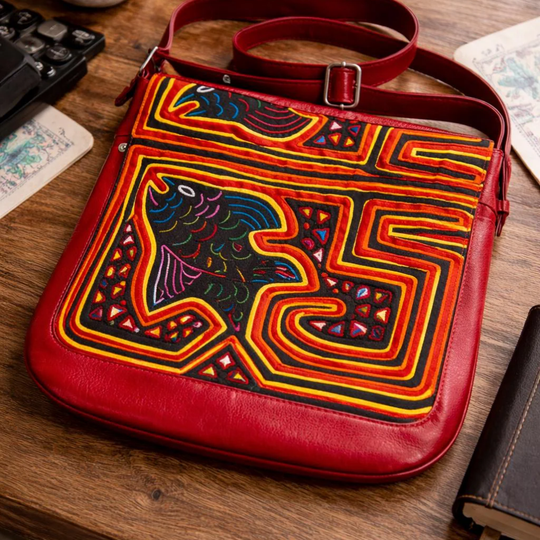 Handmade Leather &amp; Mola Crossbody Bag