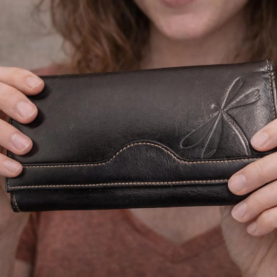 Handmade Black Leather Checkbook Wallet – Large Women’s Clutch with Dragonfly Embossing