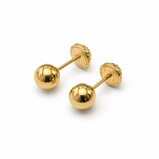 18K gold ball stud earrings, classic minimalist fine gold jewelry