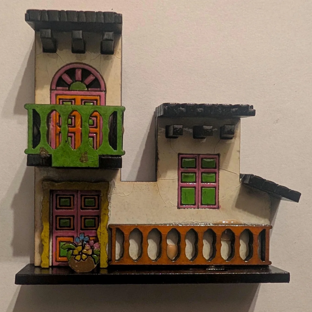 Handmade Colombian Two-Story House Magnet – 3D Wooden Fridge Souvenir with Balcony and Flowers