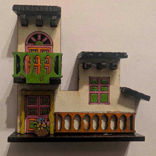 Handmade Colombian Two-Story House Magnet – 3D Wooden Fridge Souvenir with Balcony and Flowers
