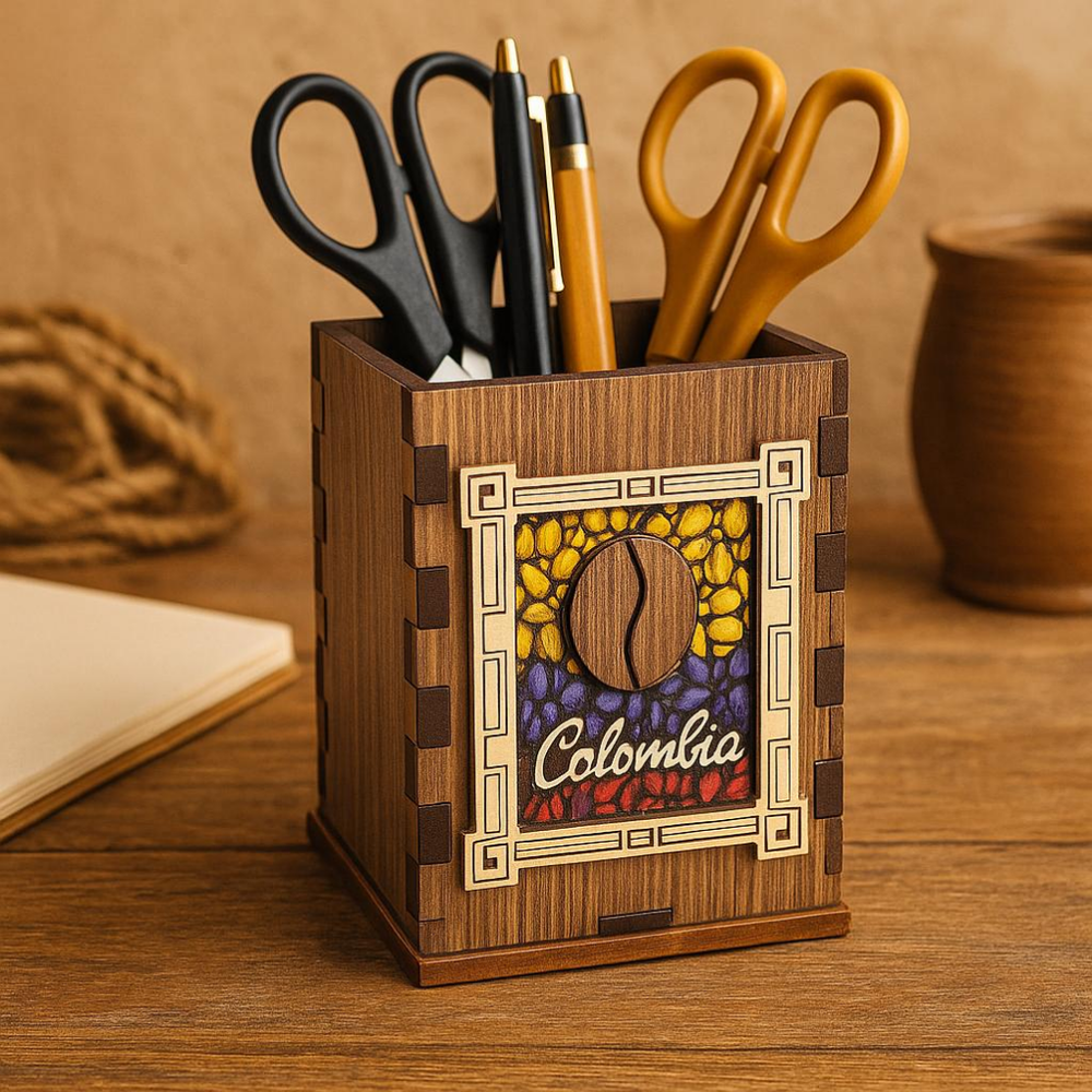 Colombian Wooden Pencil Holder • Coffee Bean Artisan Desk Organizer Decor