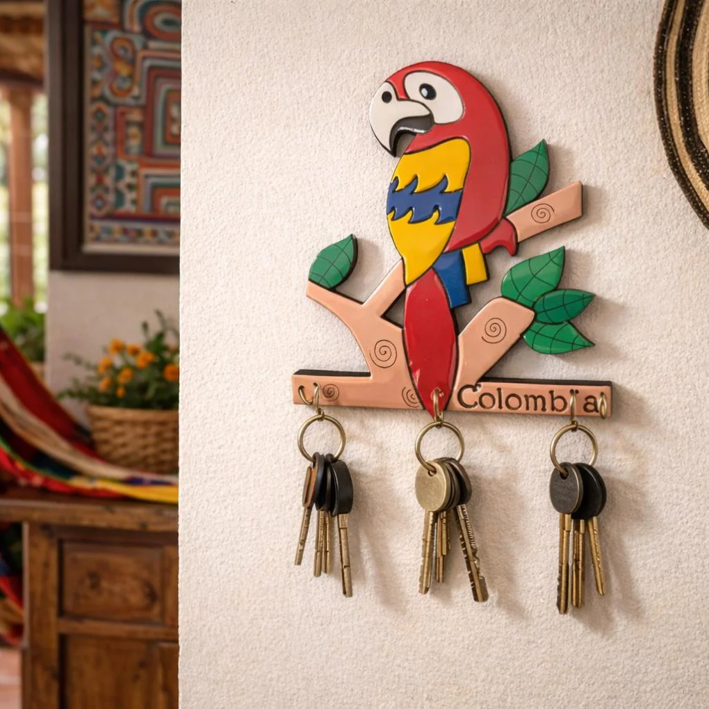 Colombian Wooden Key Holder Wall Decor • Colorful Artisan Hooks • Tropical Home Gift