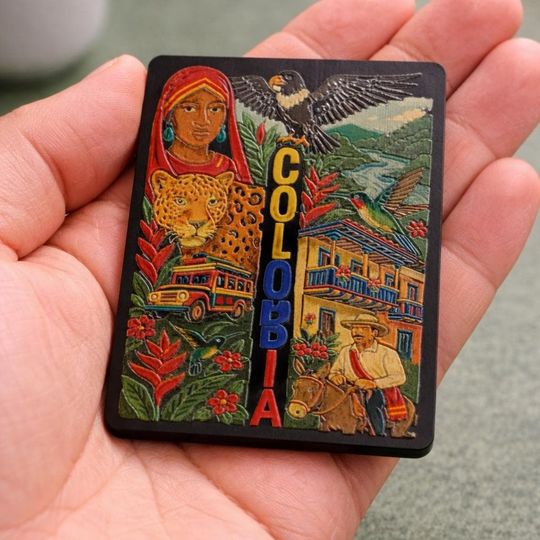 Colombia Souvenir Magnet – MDF Fridge Magnet with Jaguar, Indigenous Woman, Andean Condor &amp; Chiva Bus