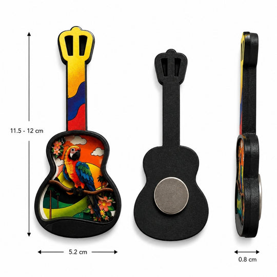Handmade Colombian 3D Guitar Magnet with Toucan or Macaw | Colorful Fridge Decor