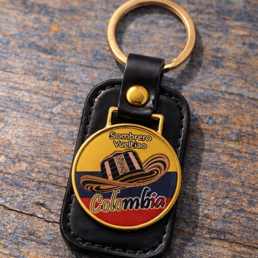 Colombian Keychain – Faux Leather Souvenir with Metal Badge – Sombrero Vueltiao &amp; Chiva Design
