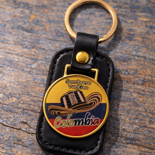 Colombian Keychain – Faux Leather Souvenir with Metal Badge – Sombrero Vueltiao &amp; Chiva Design