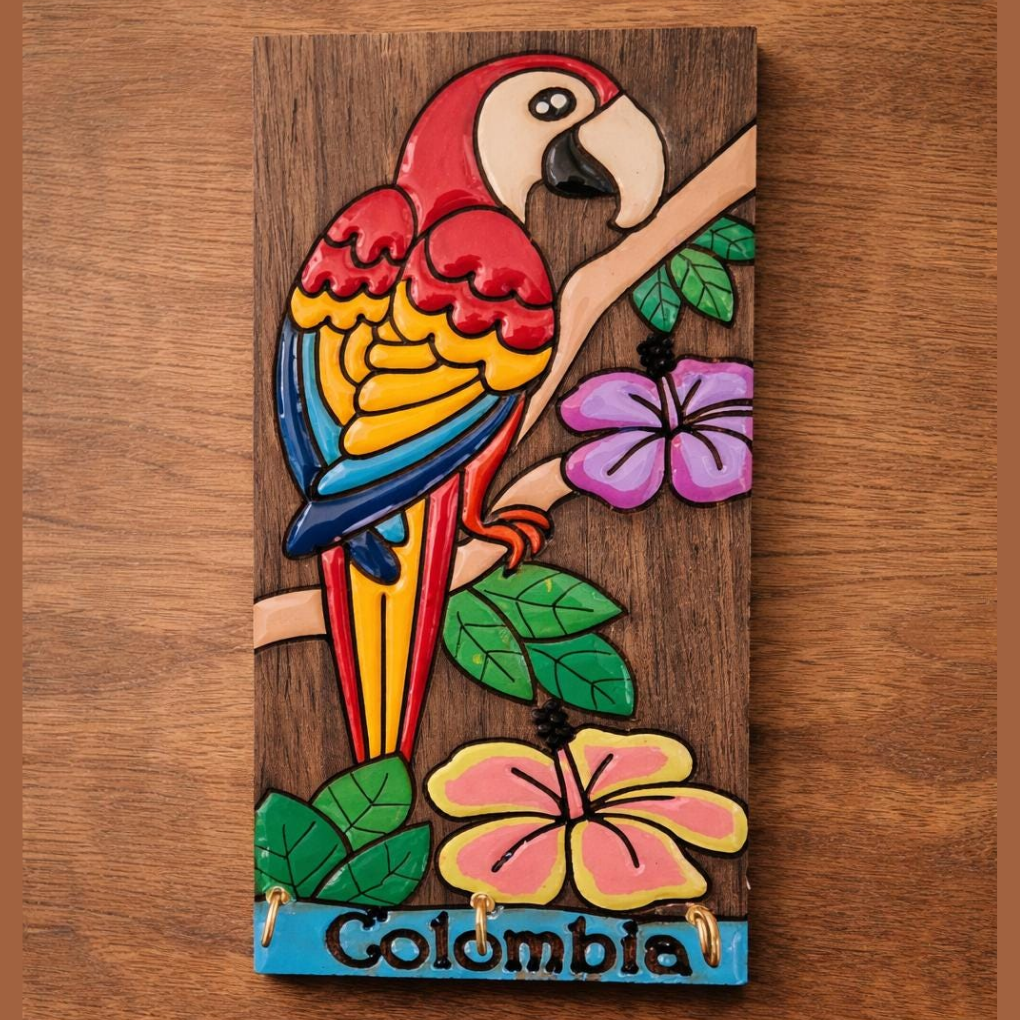 Handcrafted Colombian Wooden Key Holder - Tropical Folk Wall Decor Organizer
