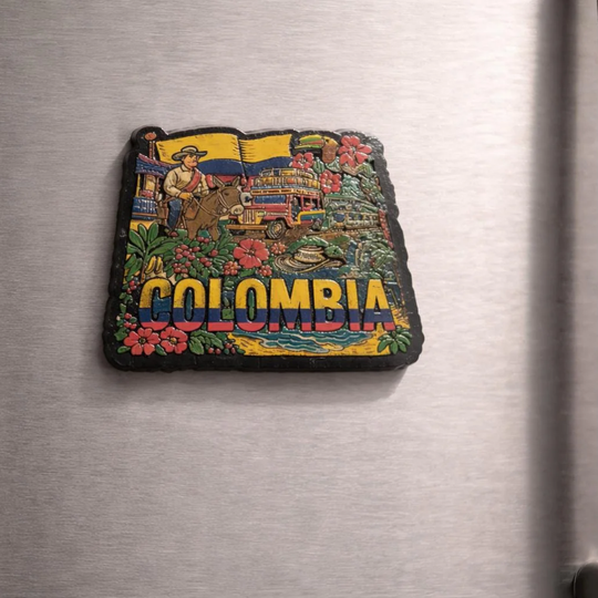 Colombia Souvenir Magnet – Colorful MDF Fridge Magnet with Chiva, Farmer &amp; Tropical Flowers