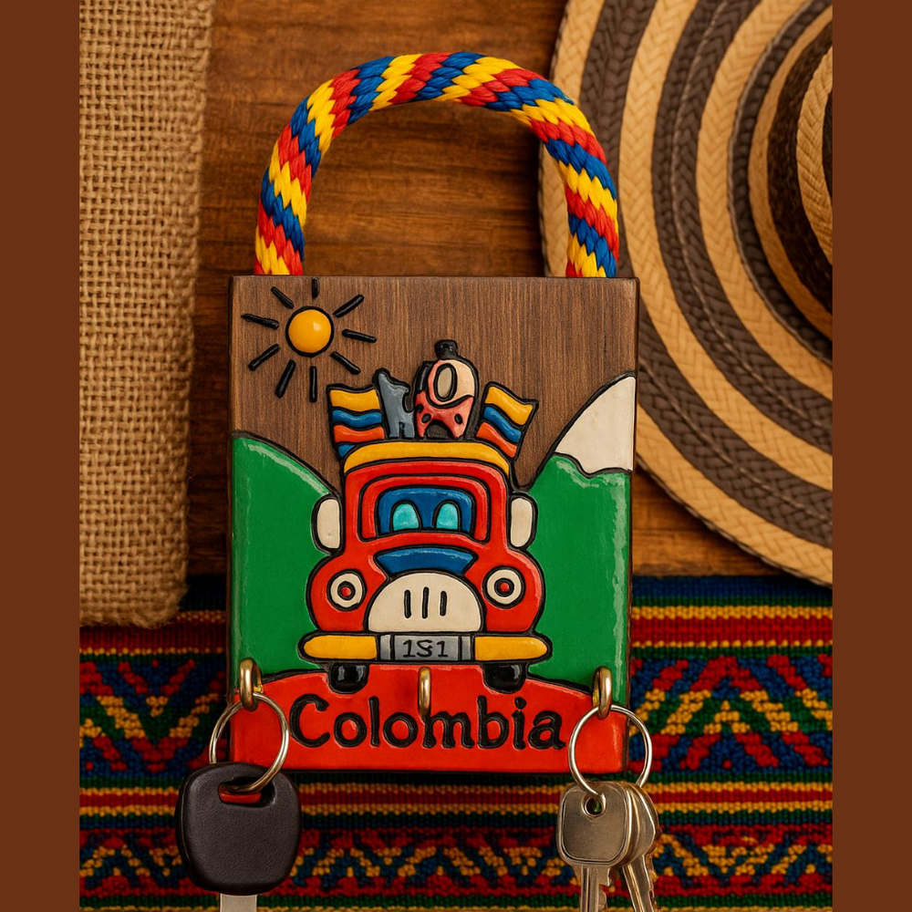 Handmade Colombian Key Holder with Rope Handle • Small Wall Hanger • Colorful Rustic Decor