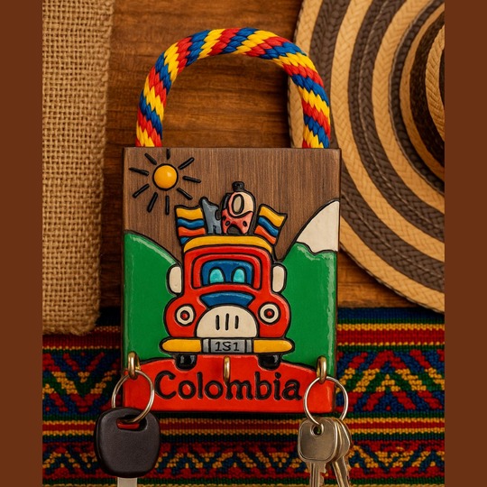 Handmade Colombian Key Holder with Rope Handle • Small Wall Hanger • Colorful Rustic Decor