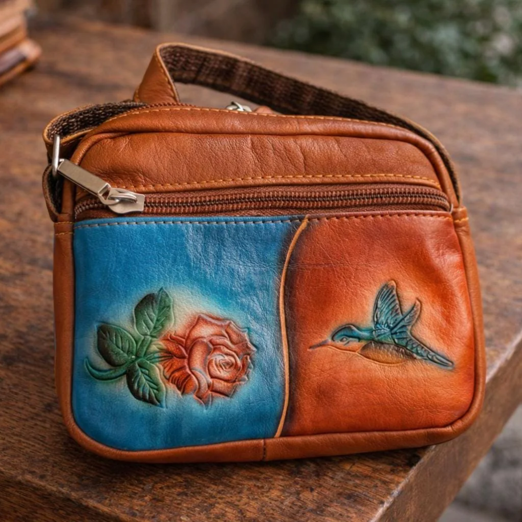 Handmade Leather Mini Crossbody – Tooled Tula Purse with Rose &amp; Hummingbird