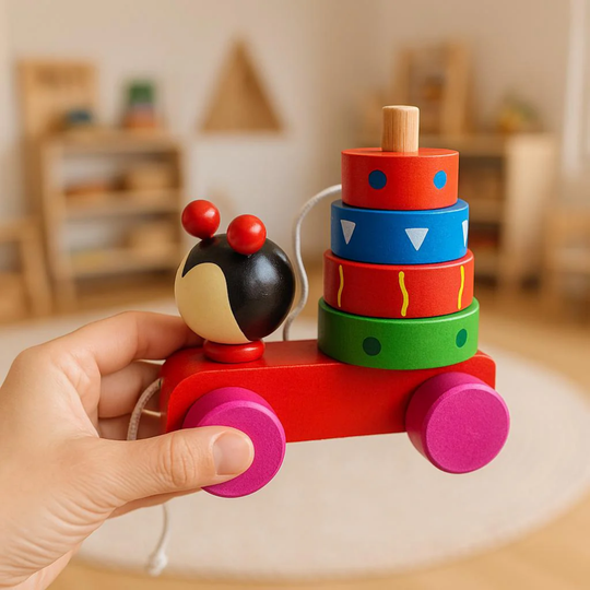 Wooden Pull Toy Ladybug Car – Montessori Stacking Toy for Toddlers – Colombian Handmade
