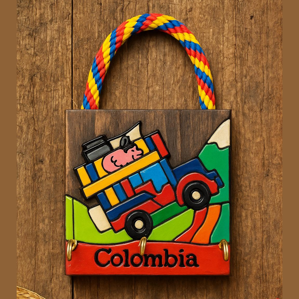 Handmade Colombian Key Holder • Mini Wooden Wall Decor • Colorful Folk Art Hooks