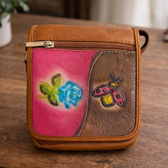 Handmade Leather Carriel Purse – Small Tooled Tula Bag with Flower &amp; Butterfly