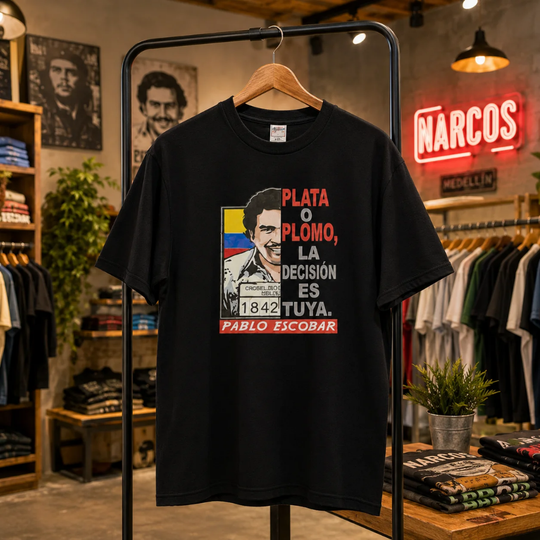 Pablo Escobar Graphic T-Shirt | “Plata o Plomo” Colombian Streetwear | Premium Black Tee