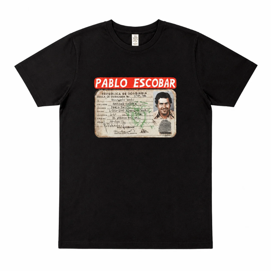 Pablo Escobar Vintage ID Graphic T-Shirt | Premium Colombian Streetwear | Unisex Black Cotton Tee
