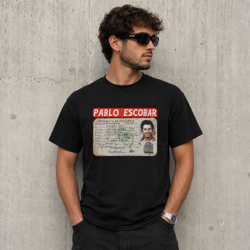Pablo Escobar Vintage ID Graphic T-Shirt | Premium Colombian Streetwear | Unisex Black Cotton Tee