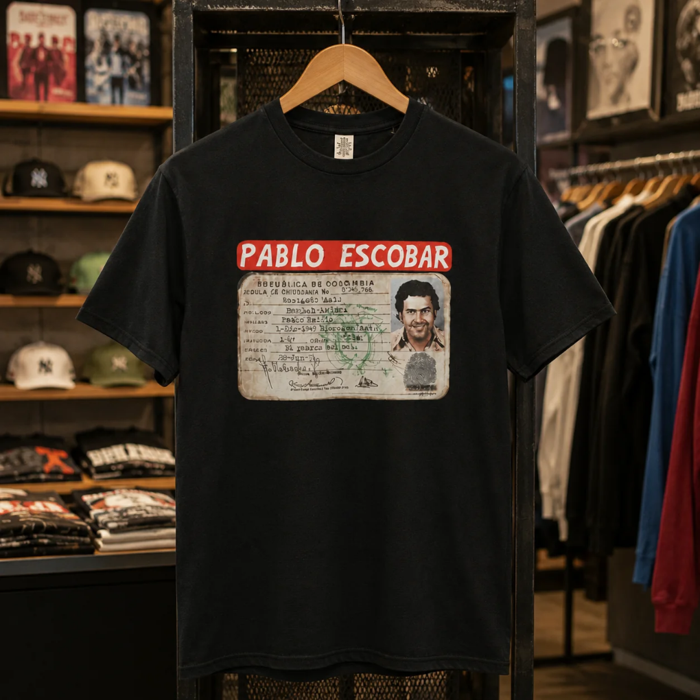 Pablo Escobar Vintage ID Graphic T-Shirt | Premium Colombian Streetwear | Unisex Black Cotton Tee