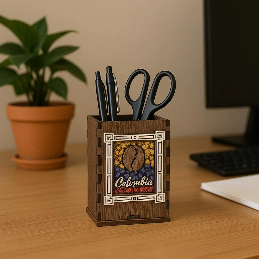 Colombian Wooden Pencil Holder • Coffee Bean Artisan Desk Organizer Decor