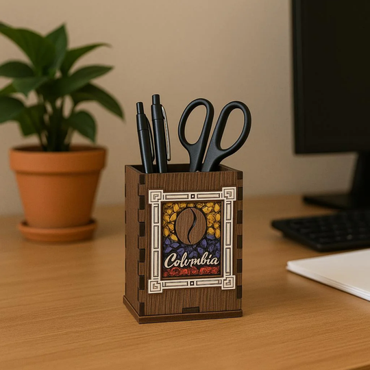 Colombian Wooden Pencil Holder • Coffee Bean Artisan Desk Organizer Decor