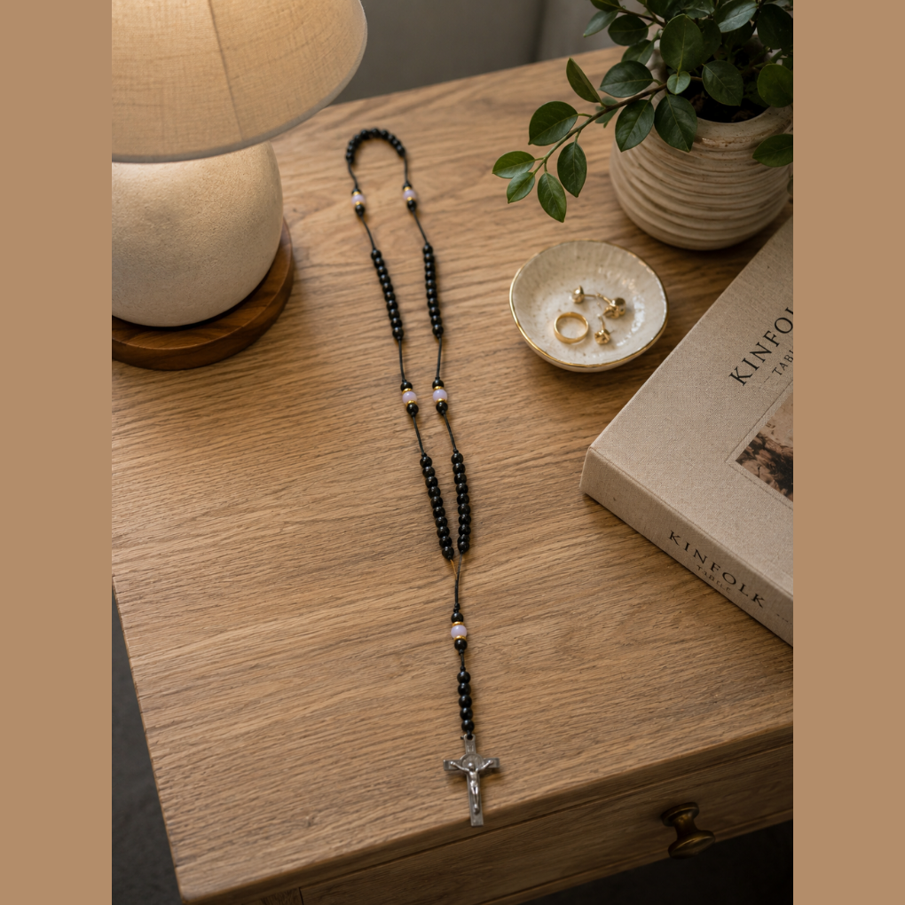 Black Catholic rosary necklace with prayer beads and crucifix
