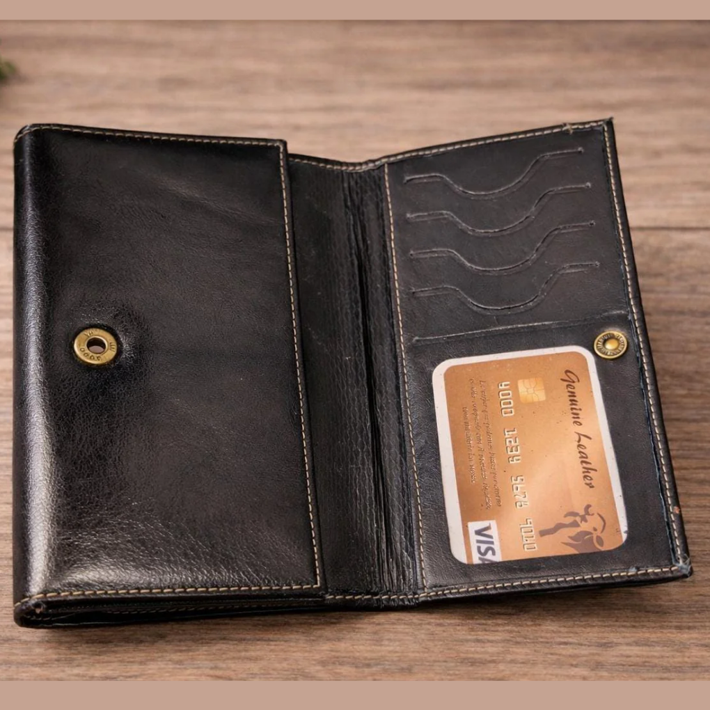 Handmade Black Leather Checkbook Wallet – Large Women’s Clutch with Dragonfly Embossing
